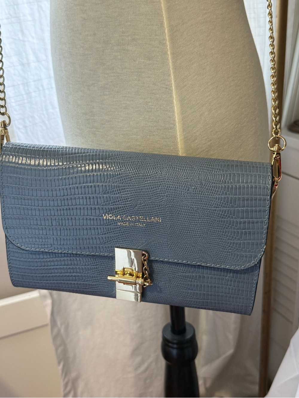 Viola Castellani Croc-Embossed Italian Leather Crossbody Bag in Slate Blue